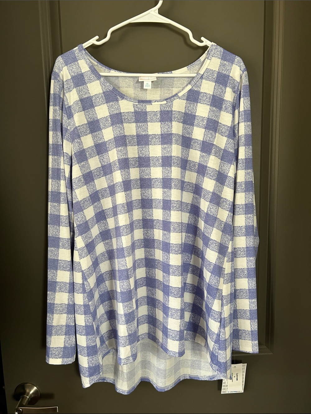 LuLaRoe Lavender and White Gingham Long-Sleeve Tunic - Lynnae